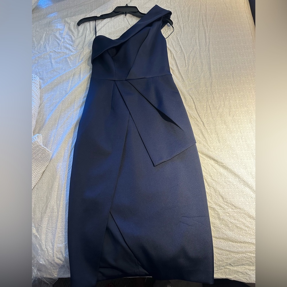 Elegant Navy Blue One Shoulder Dress